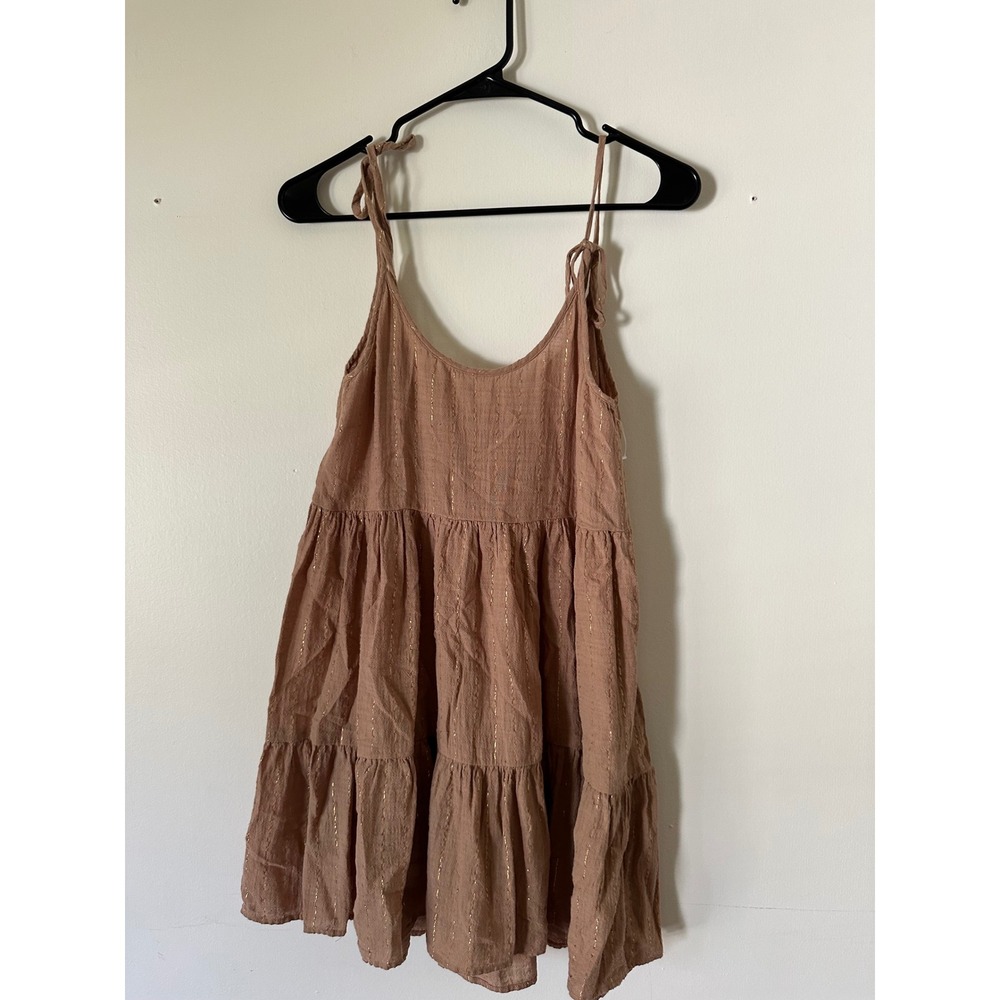 Aerie Tiered Mini Dress XS Mauve Brown Gold Metallic Stripe Tie Shoulder Boho